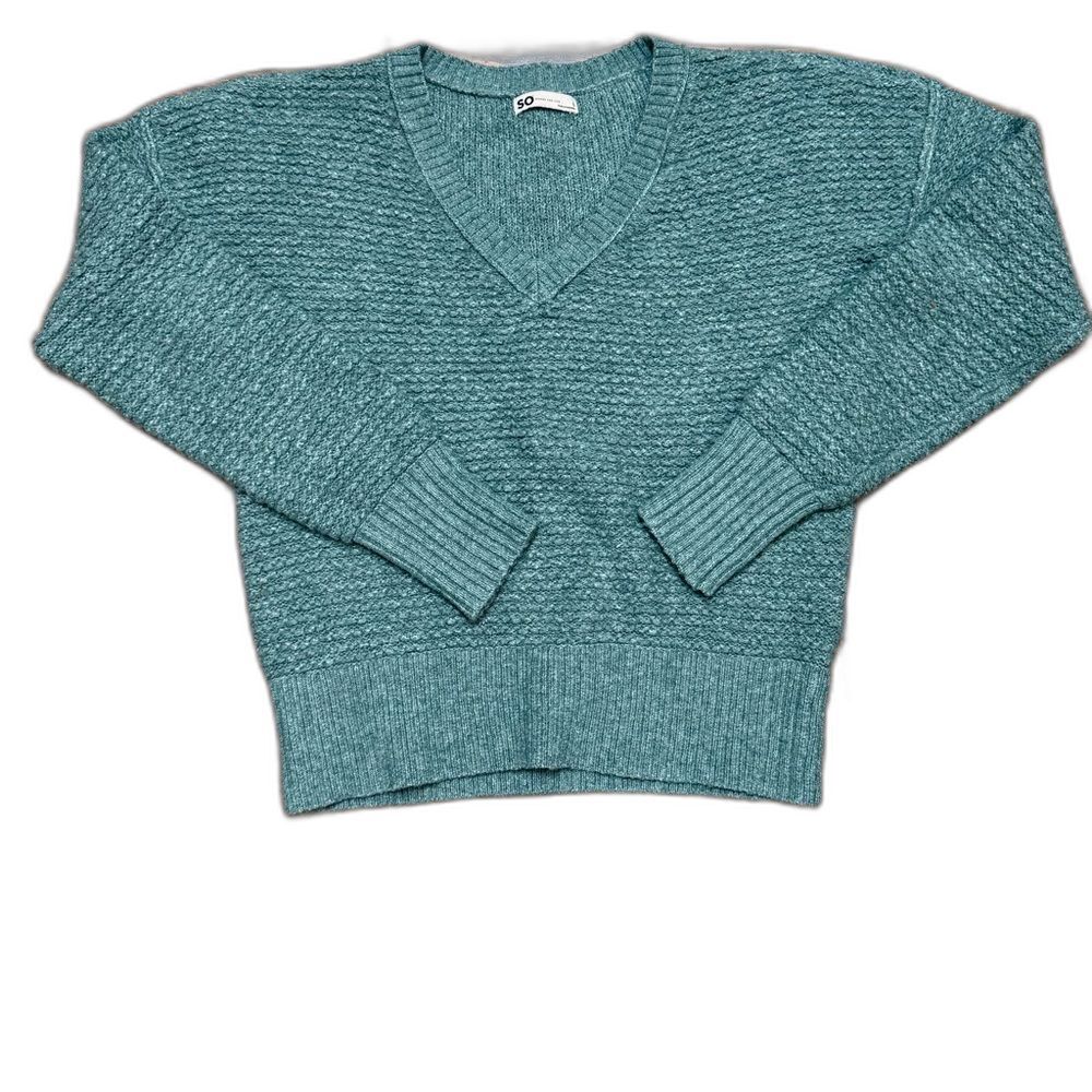 SO Good For Life Womens Junior S Sweater V-Neck Sage Green Knit Chunky Ribbed